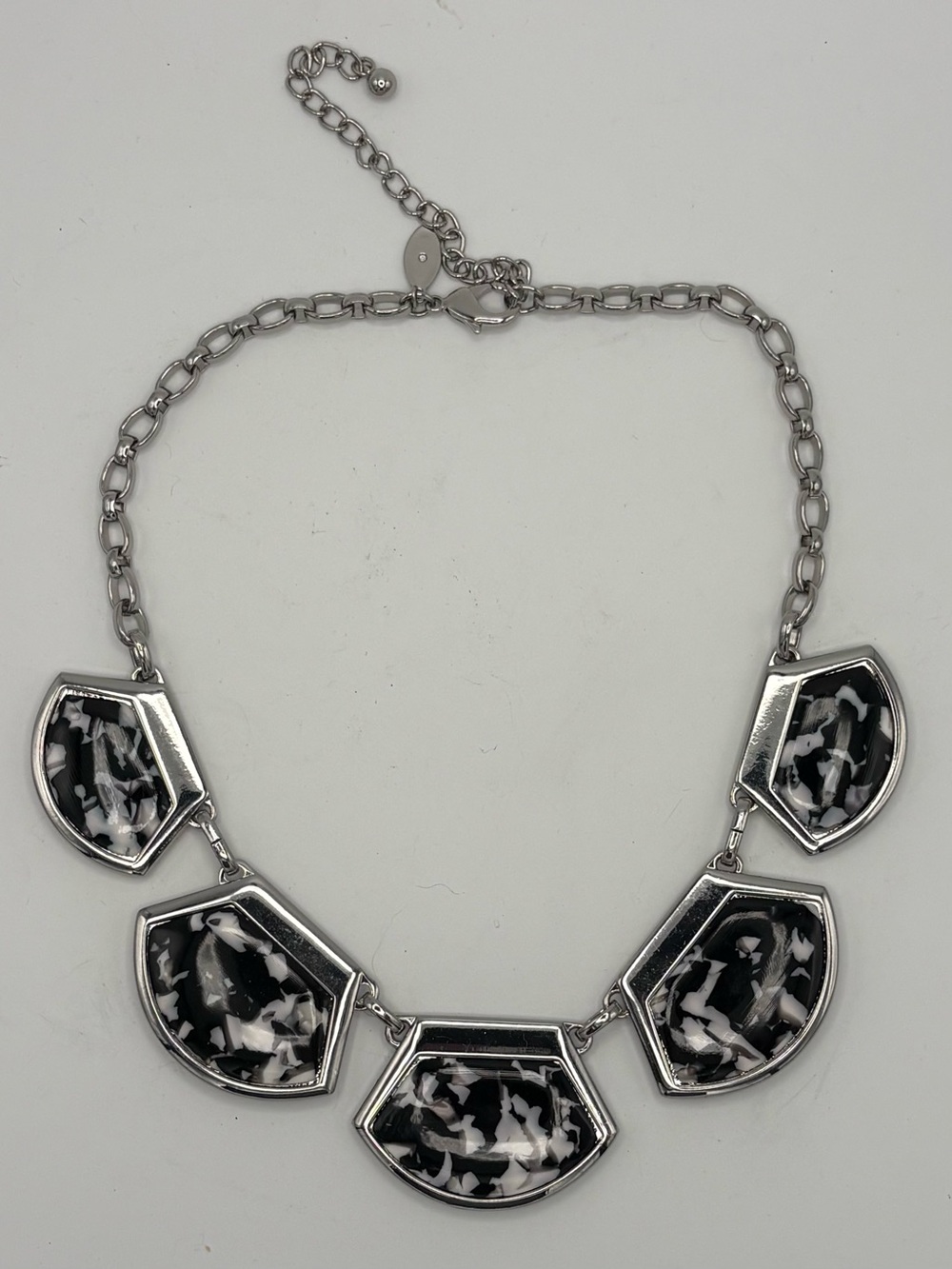 Chico's Statement Bib Necklace Black & White Geometric Silver 18" Reversible